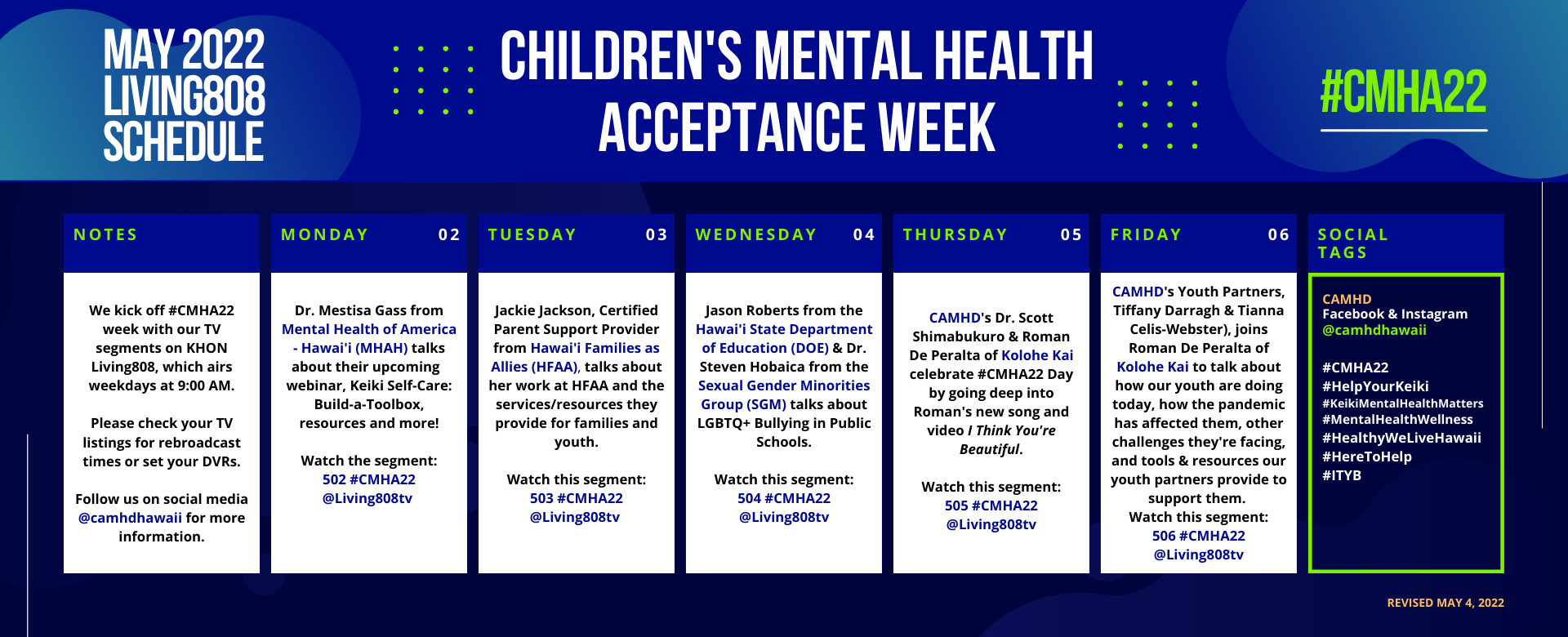 2022 Children's Mental Health Acceptance Week TV Schedule on KHON Living808 (as of May 7, 2022)