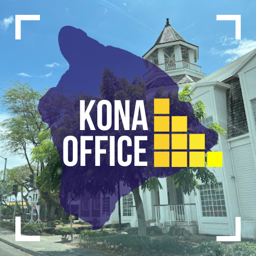 Text image of Big Island with the Kona Office in the background.