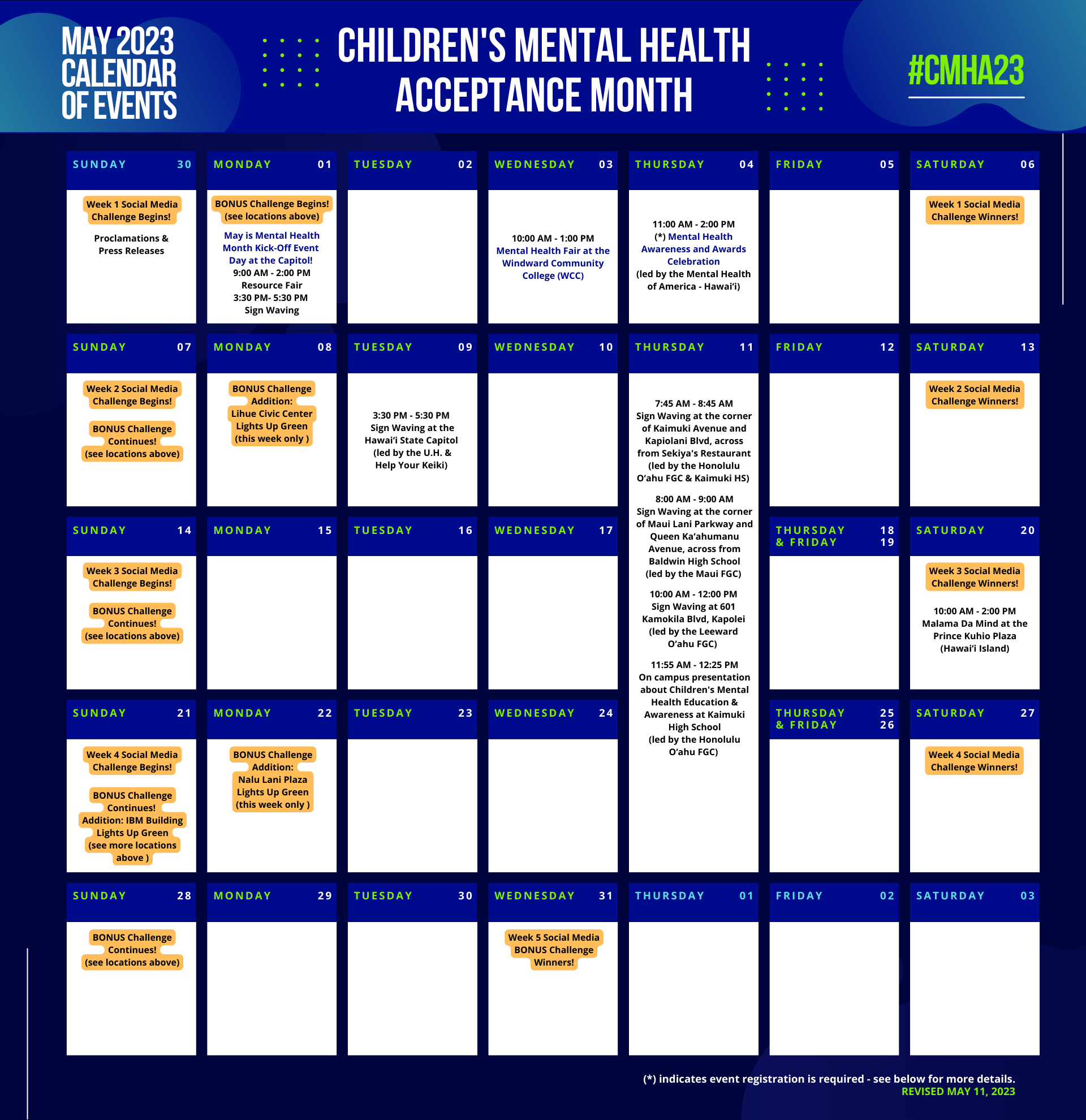 2023 Children's Mental Health Acceptance Calendar of Events (as of April 25, 2023)