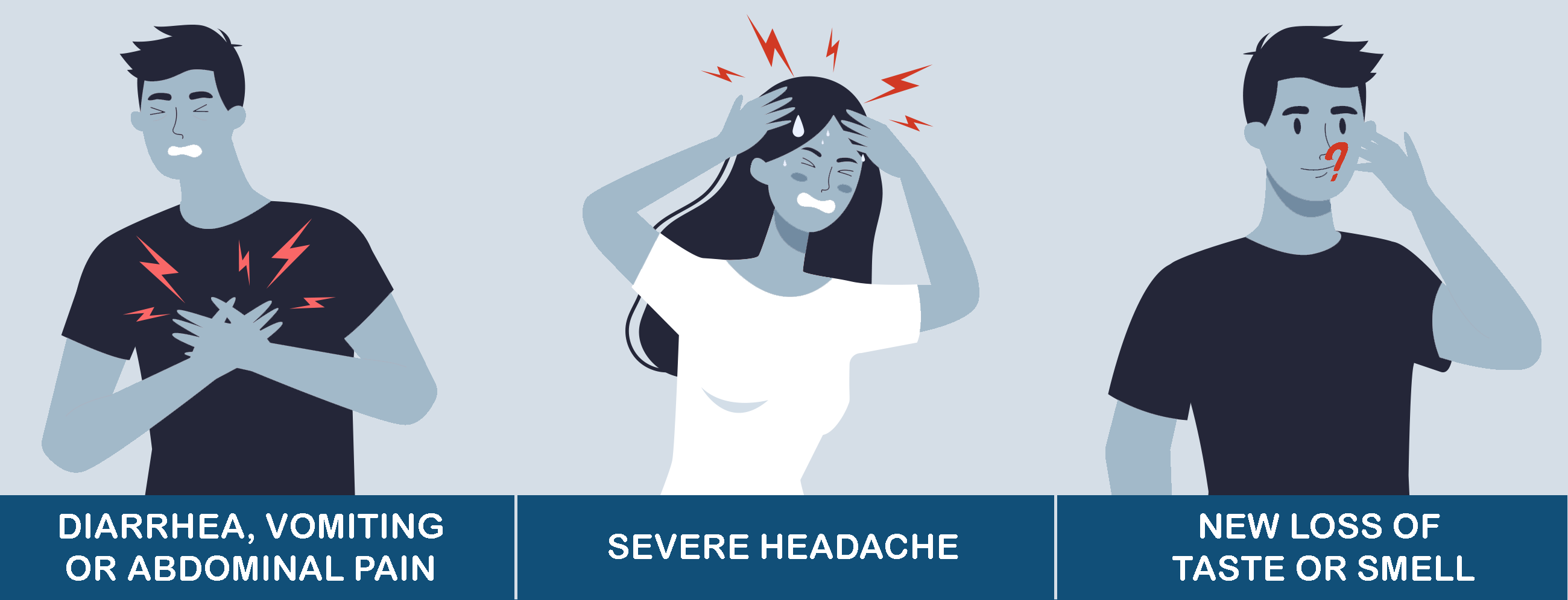 diarrhea, vomiting or abdonimal pain; severe headache; new loss of taste or smell