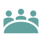 Three people gathered around a semicircle in sage green