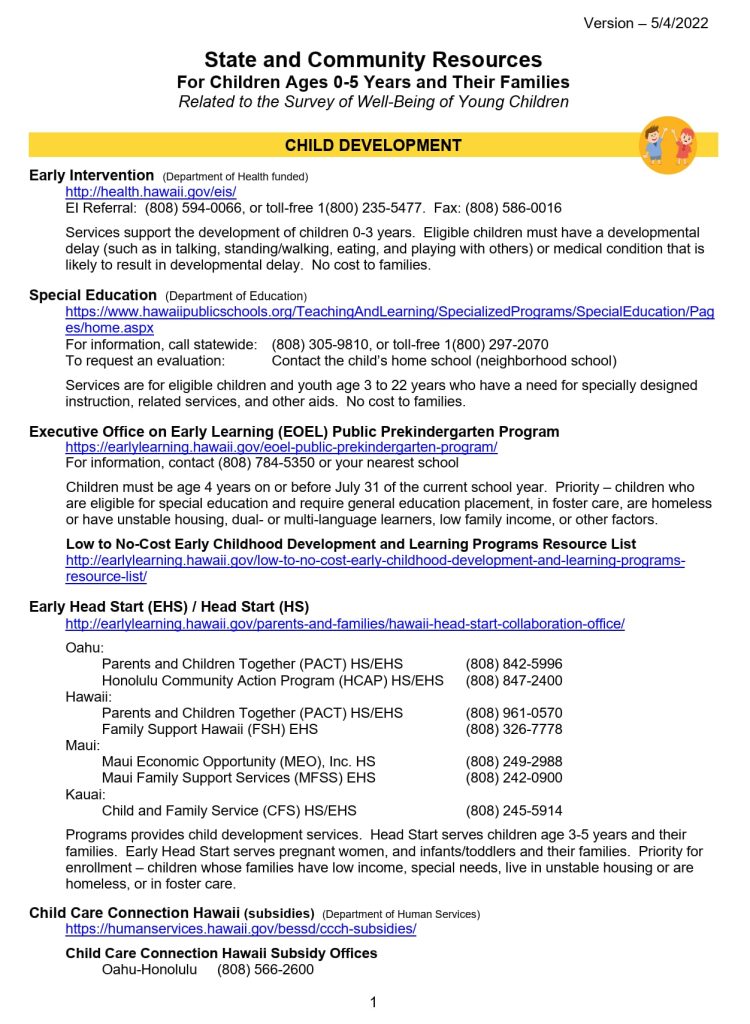 Survey of Well-Being of Young Children resources for children ages 0-5 years and their families