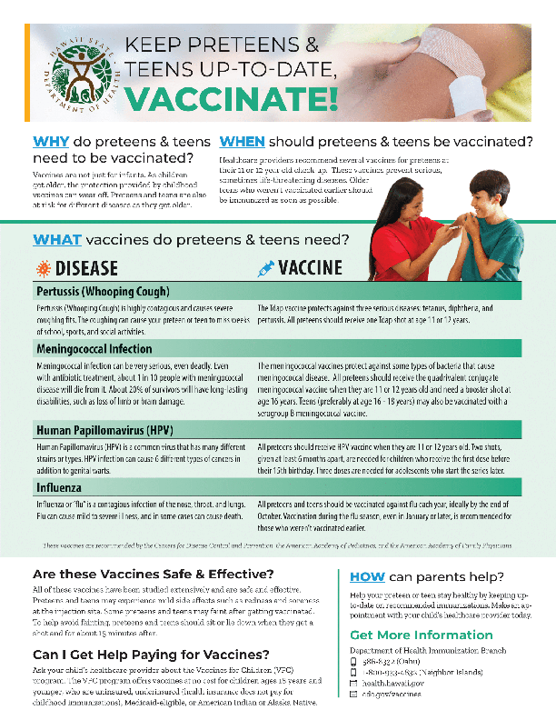 Keep Preteens & Teens Up-To-Date, Vaccinate Fact Sheet
