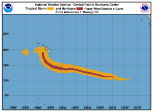 map showing where Hurricane Lane brought hurricane-force winds and tropical storm-force winds very close to Hawaii in August 2018