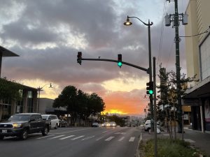 Urban street with wide road and buildings