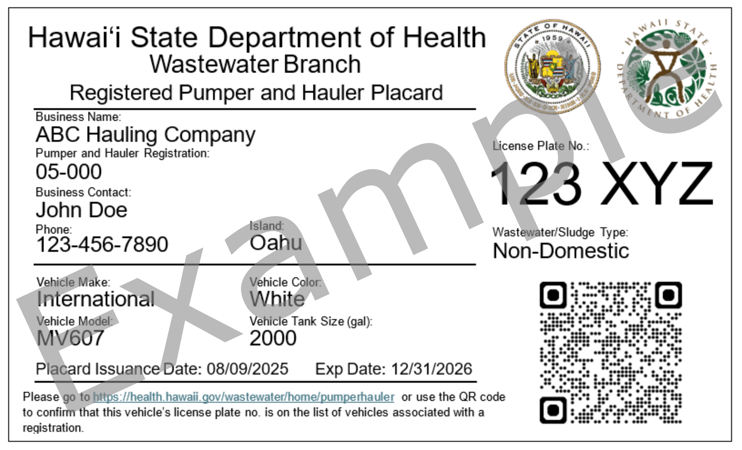 example image of a wastewater/sludge pumper and hauler vehicle placard
