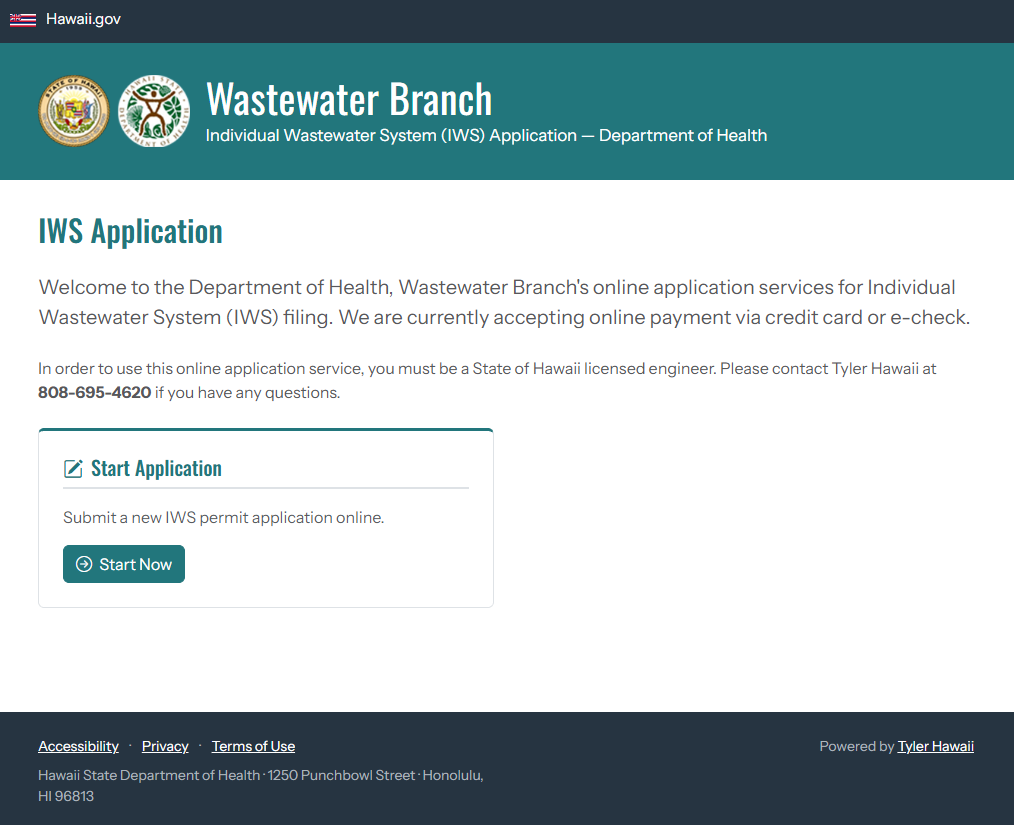 Picture of new eHawaii portal for submitting INdividual Wastewater Systems. The picture shows a streamlined format with more concise instructions and user interface design that is in line with DOH branding guidelines.
