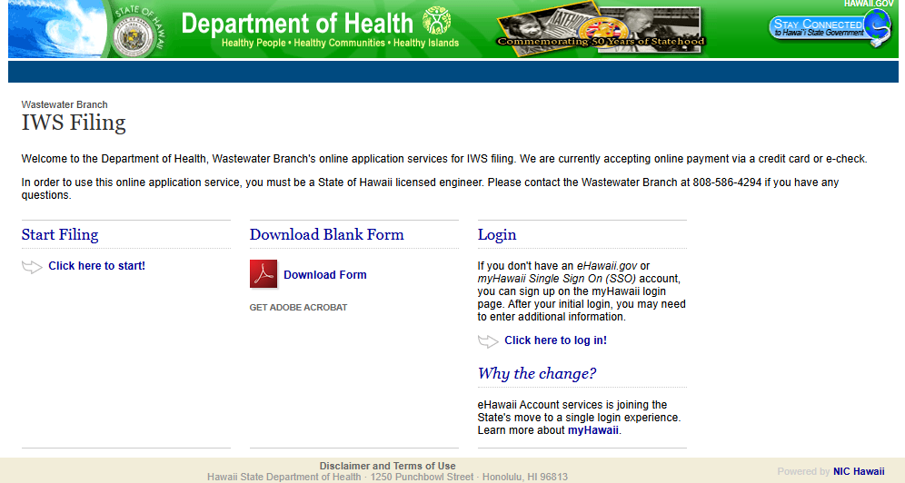 Picture of old eHawaii portal for submitting Individual Wastewater Systems. The picture shows an outdated banner and misleading text.
